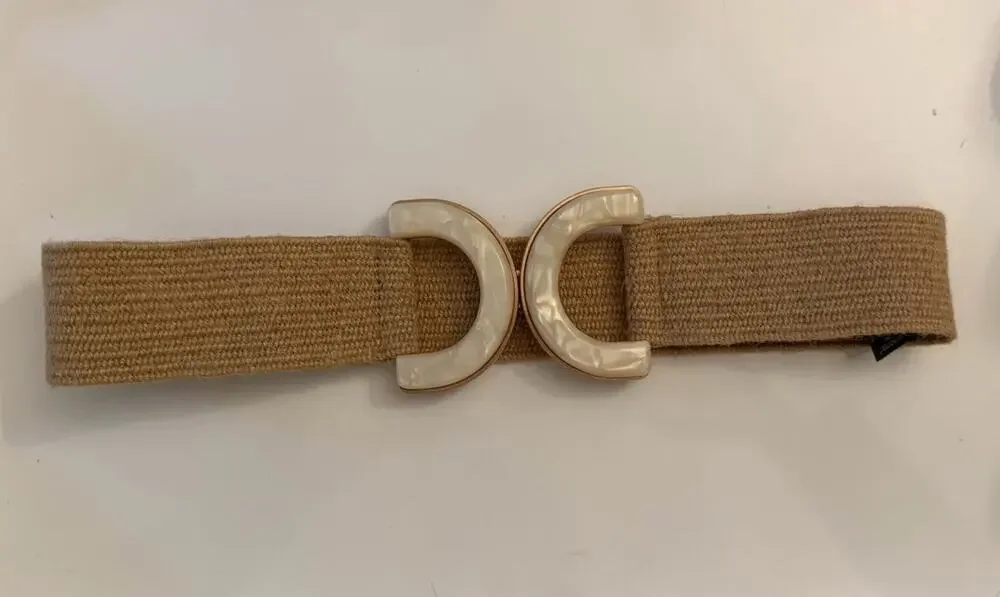 Zara Flax Stretch Belt with Mother of Pearlesque and Gold Tone Buckle